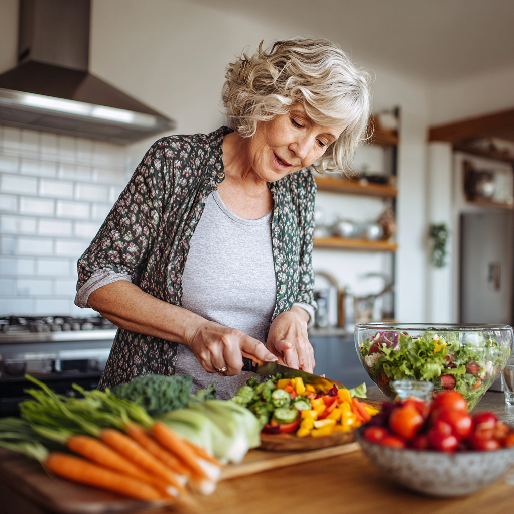 50 years old woman preparing healthy colorful salad in modern kitchen