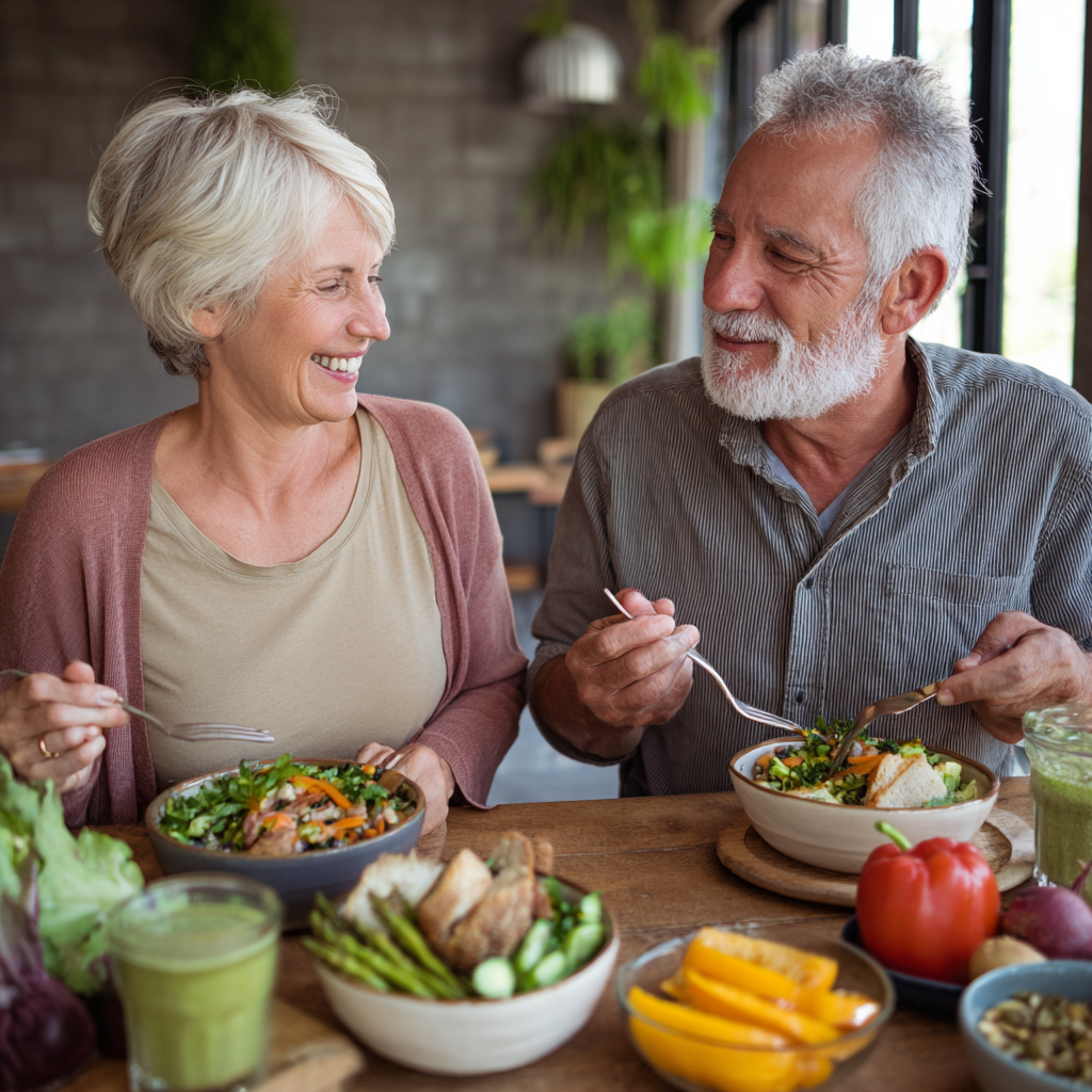 52 years old couple enjoying healthy meal together at dining table
